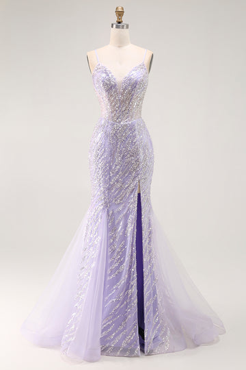 Mermaid Sequin Purple Long Prom Dress with Slit